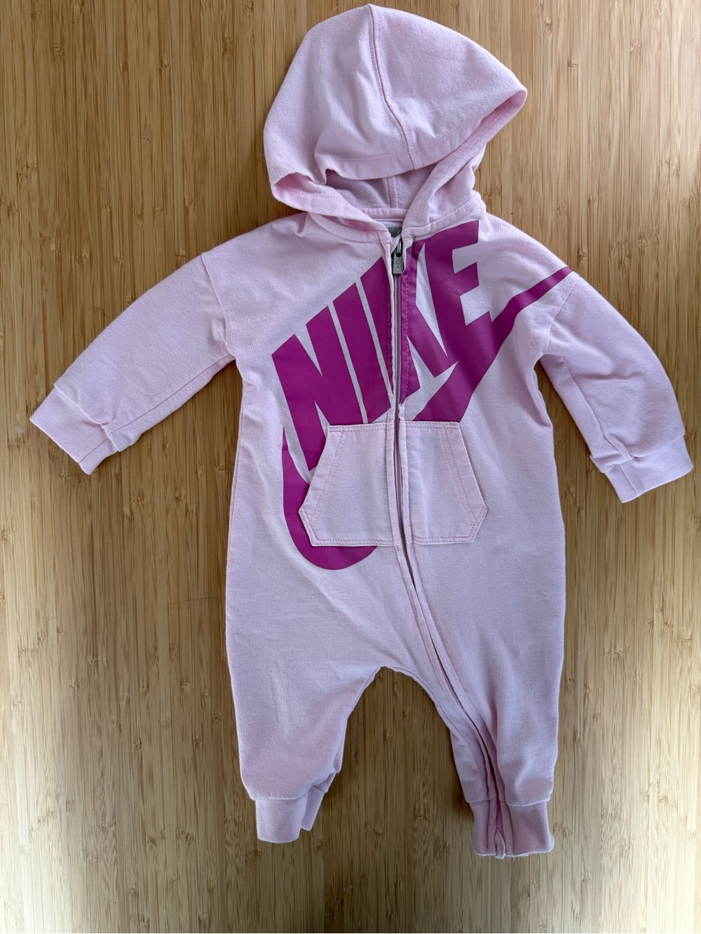 Nike Light Pink Hooded Baby One-Piece with Magenta Logo